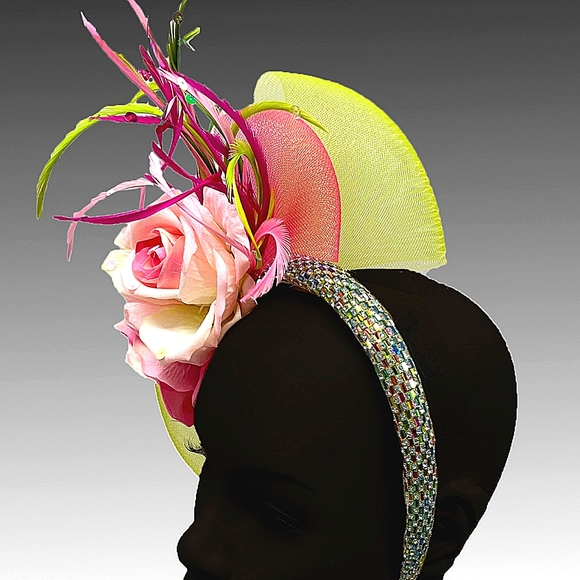 Fabulous Couture Pink and Green Flower Feathers Fascinator Jeweled Headband - Picture 2 of 2